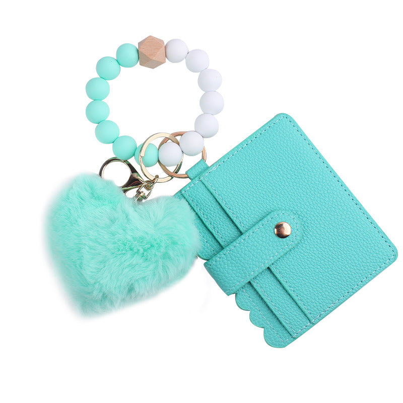 Wholesale Heart Shape Fur Ball Card Holder Silicone Beaded Wrist Keychain